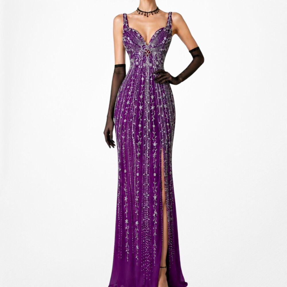 Vintage Y2K 90s Purple Beaded Rhinestone Side Slit Formal Maxi Prom Dress Gown S